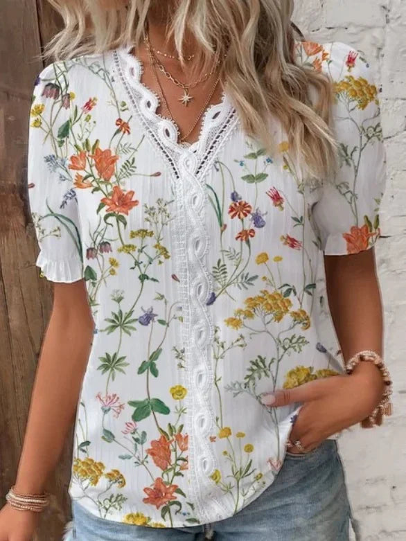 Blue Floral Short Sleeve Ruffle V Neck Lace Trim Summer Going Out Casual Blouse