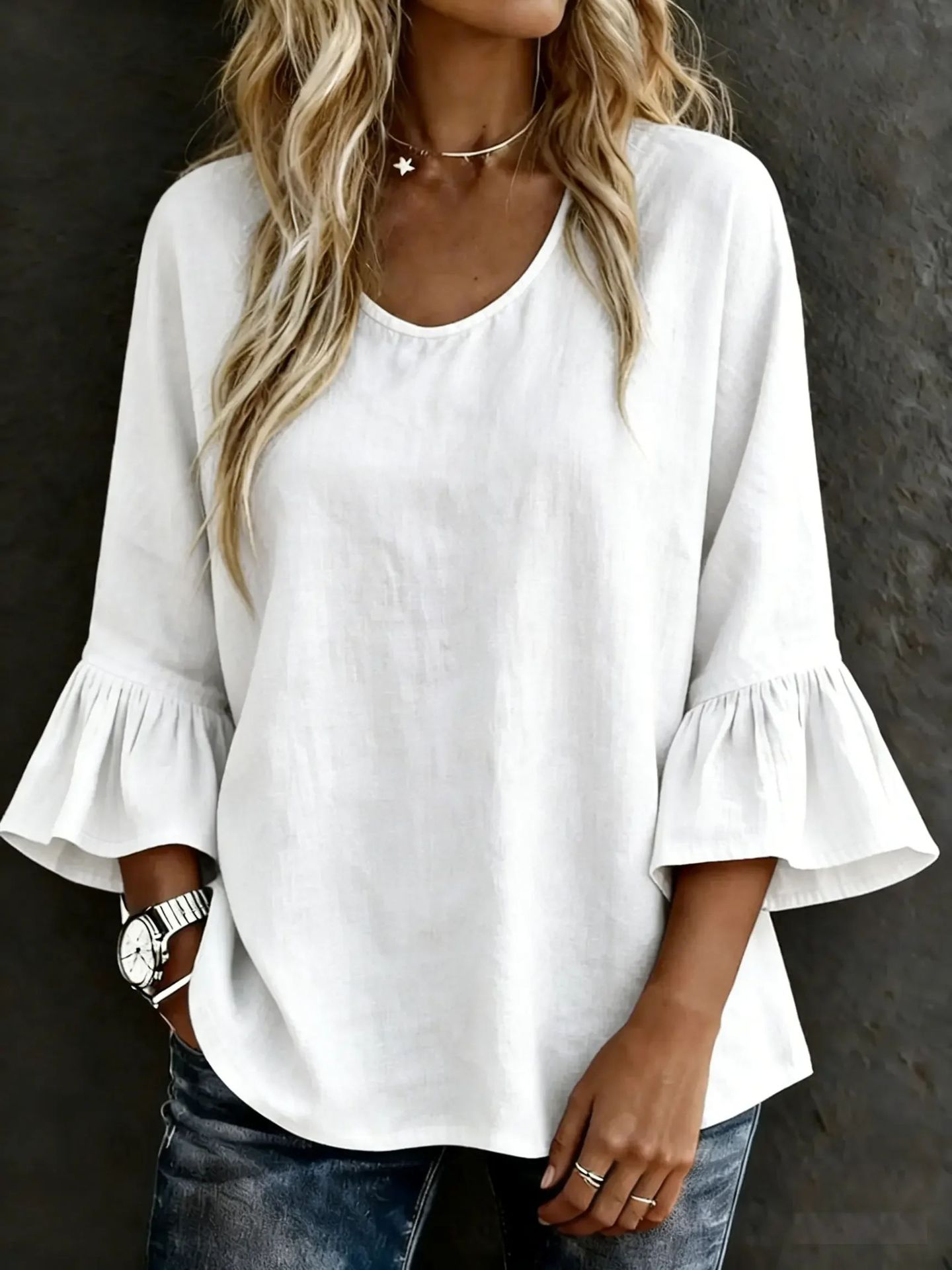 Casual Cotton Blend V Neck The Quarter Sleeve Ruffle Cuff Daily Going Out Casual Top
