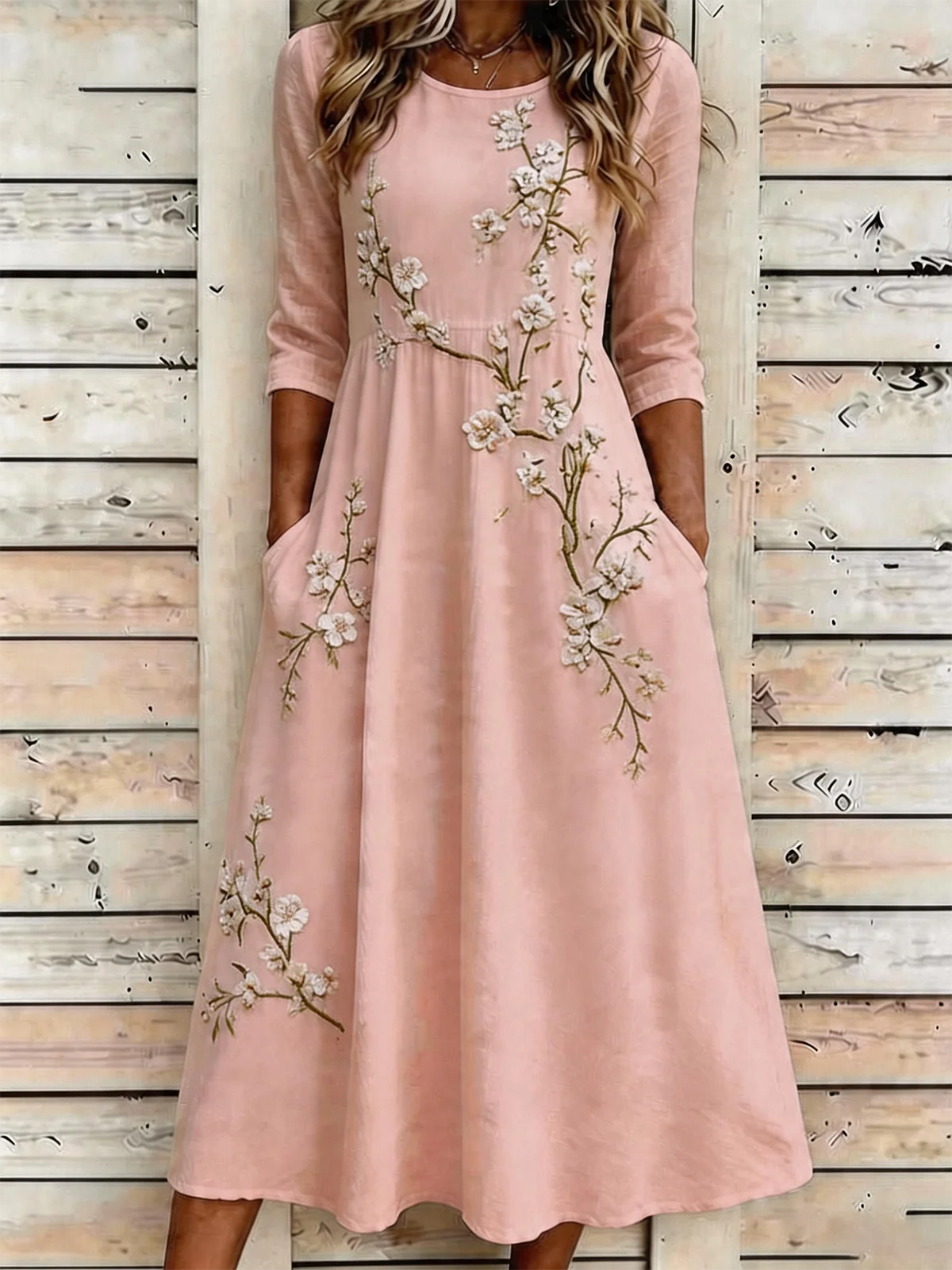 Green Floral Boho A-Line Midi Dress with Flattering Short Sleeves