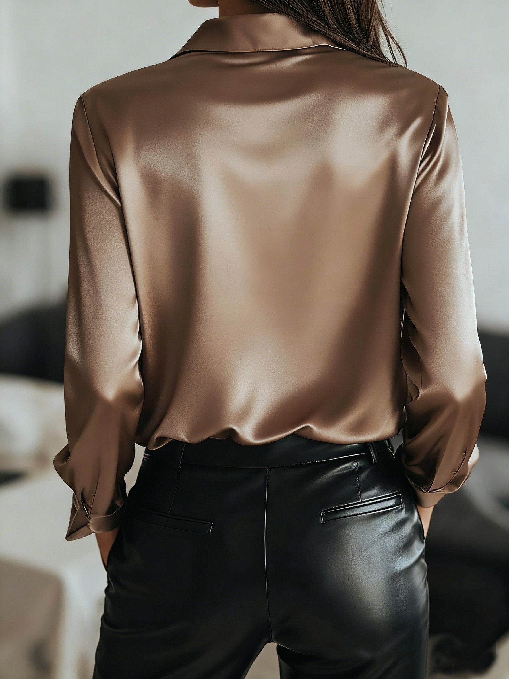 Satin Plain Long Sleeve V-Neck Elegant Regular Fit Casual Shirt