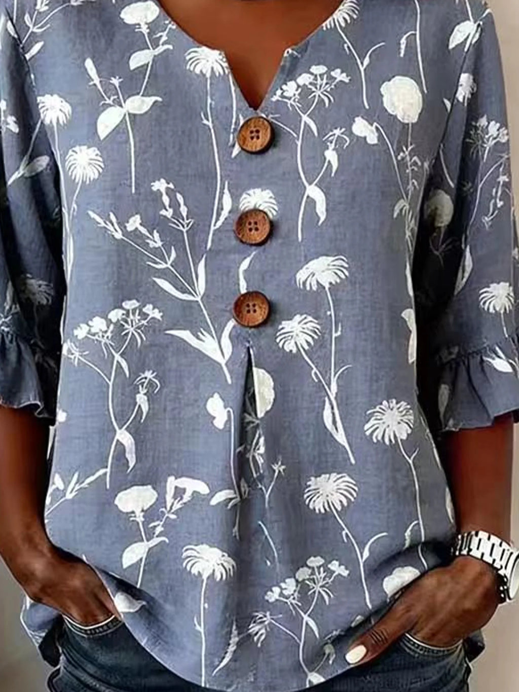 Polyester Cotton Floral V Neck Button Short Ruffle Sleeve Casual Top