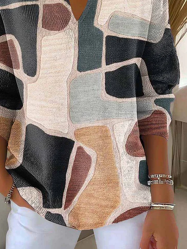 Women's Abstract Print Casual Lapel Sweater