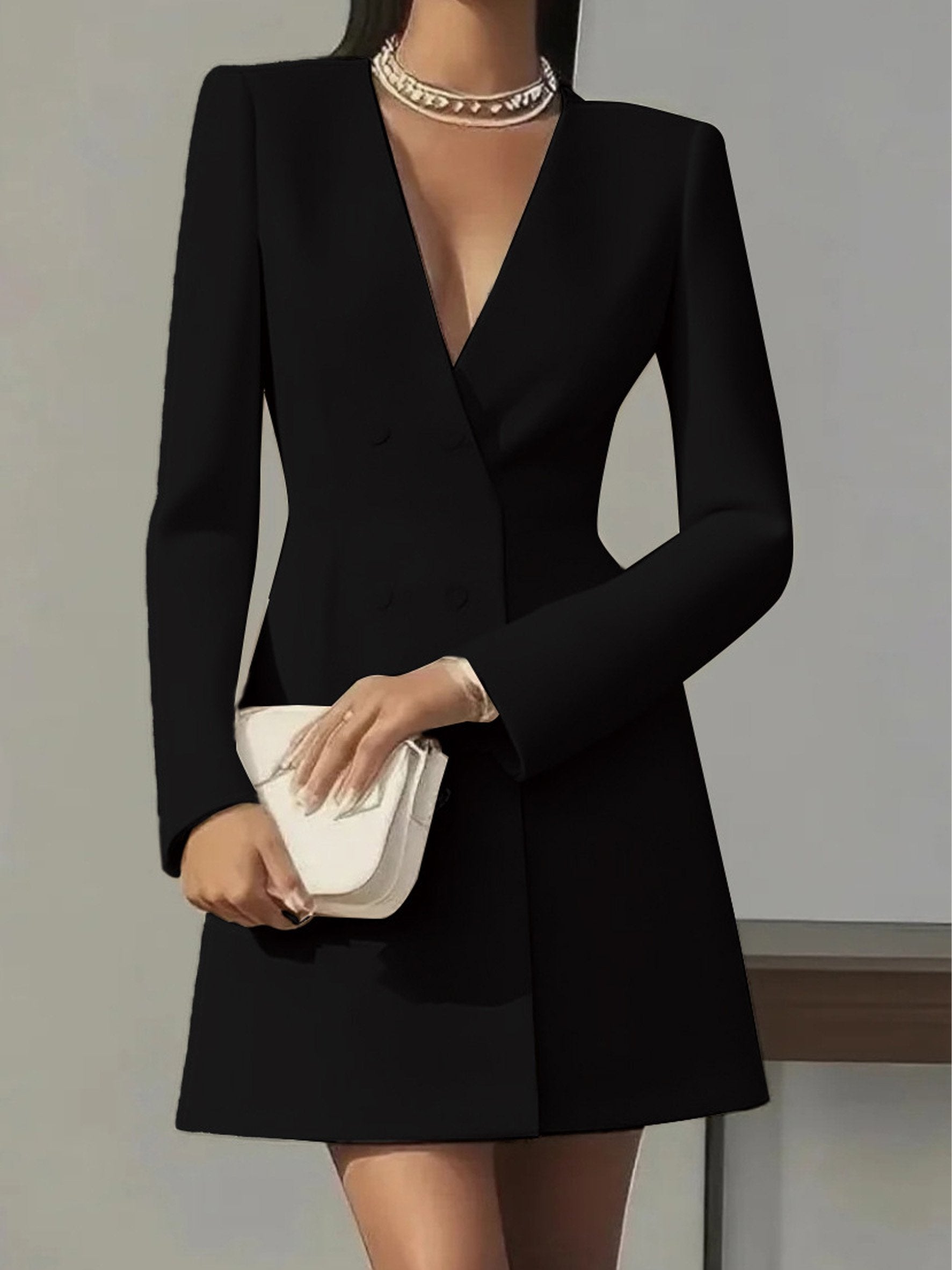 Elegant Long Sleeved Double-Breasted Plain V-neck Suit French Dress