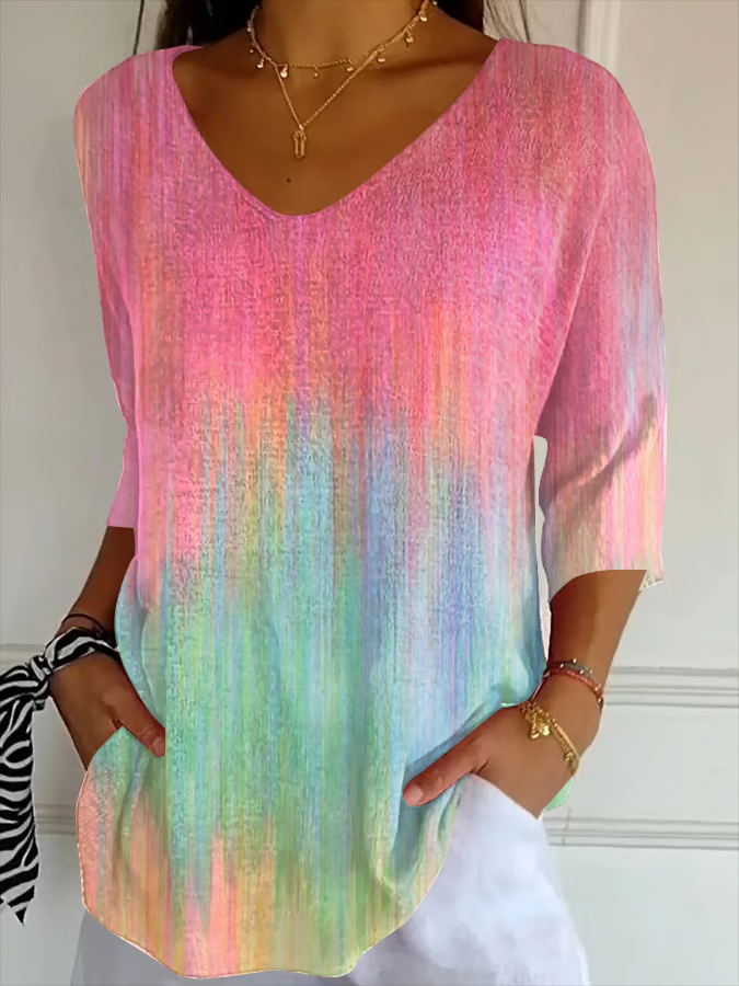 Women's Three Quarter Sleeve T-shirt Spring/Fall As Picture Abstract Printing V Neck Daily Going Out Casual Top
