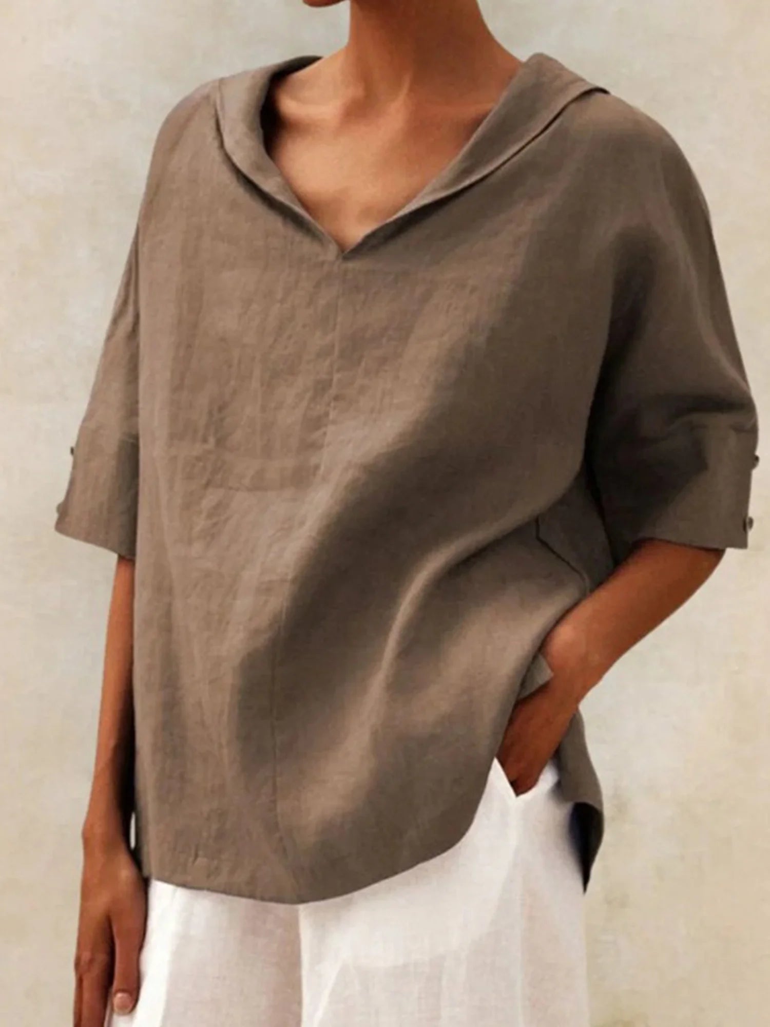 Casual Plain V Neck Short Sleeve Blouse