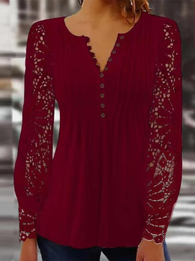 Lace Casual Loose V Neck Jersey Blouse