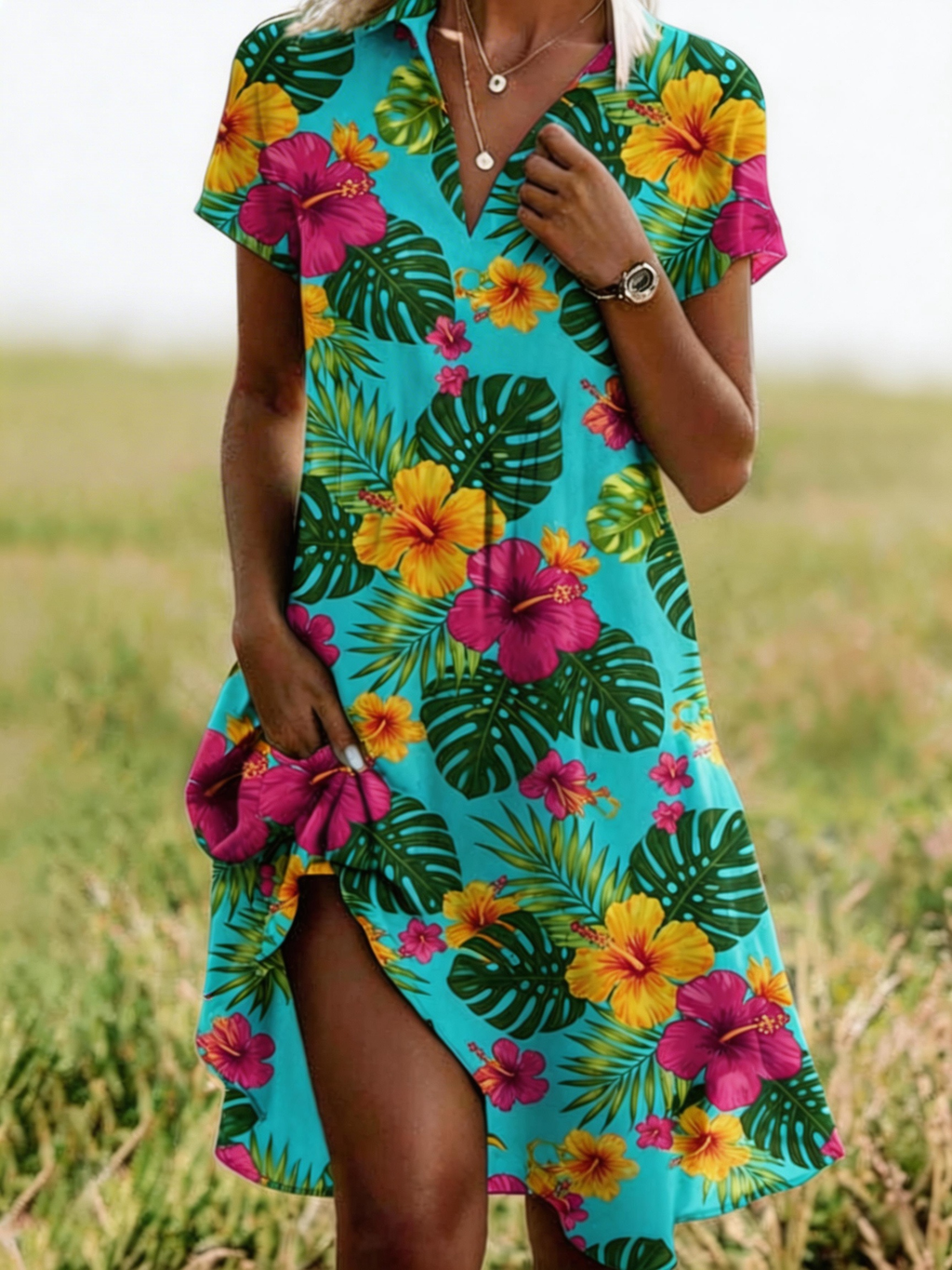 Women's Tropical Hibiscus Print V-Neck Beach Midi Dress