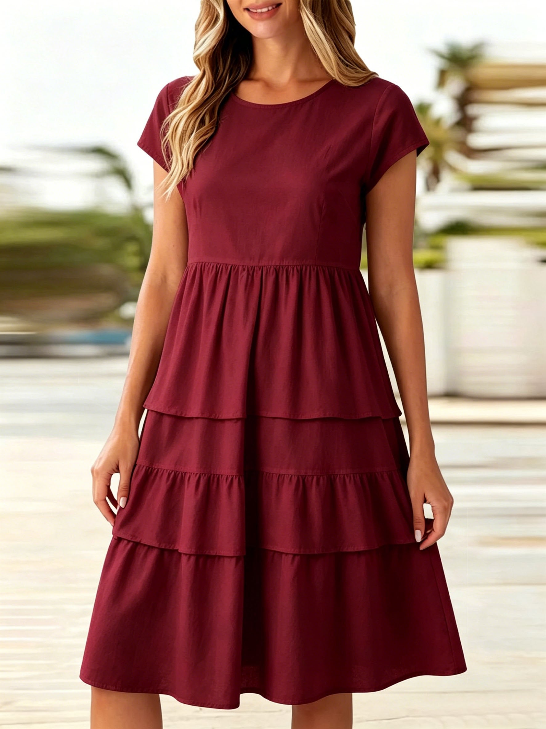 Regular Fit Cotton-Like Crease Casual Crew Neck Cap Sleeve Plain Ruffle Hem Dress With No