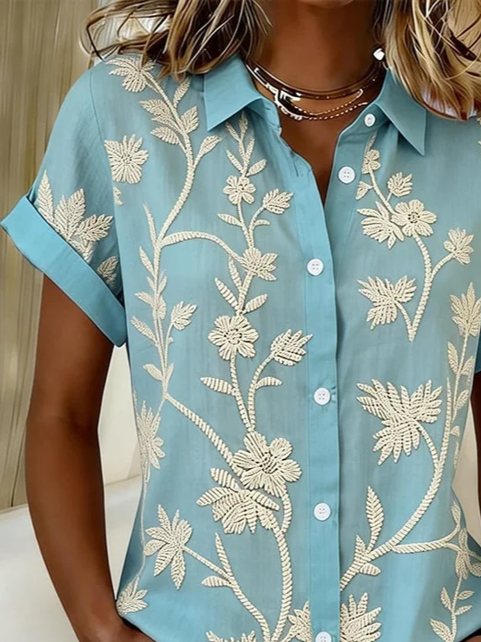 Women's Short Sleeve Shirt Summer Blue Floral Printing Shirt Collar Daily Going Out Casual Top