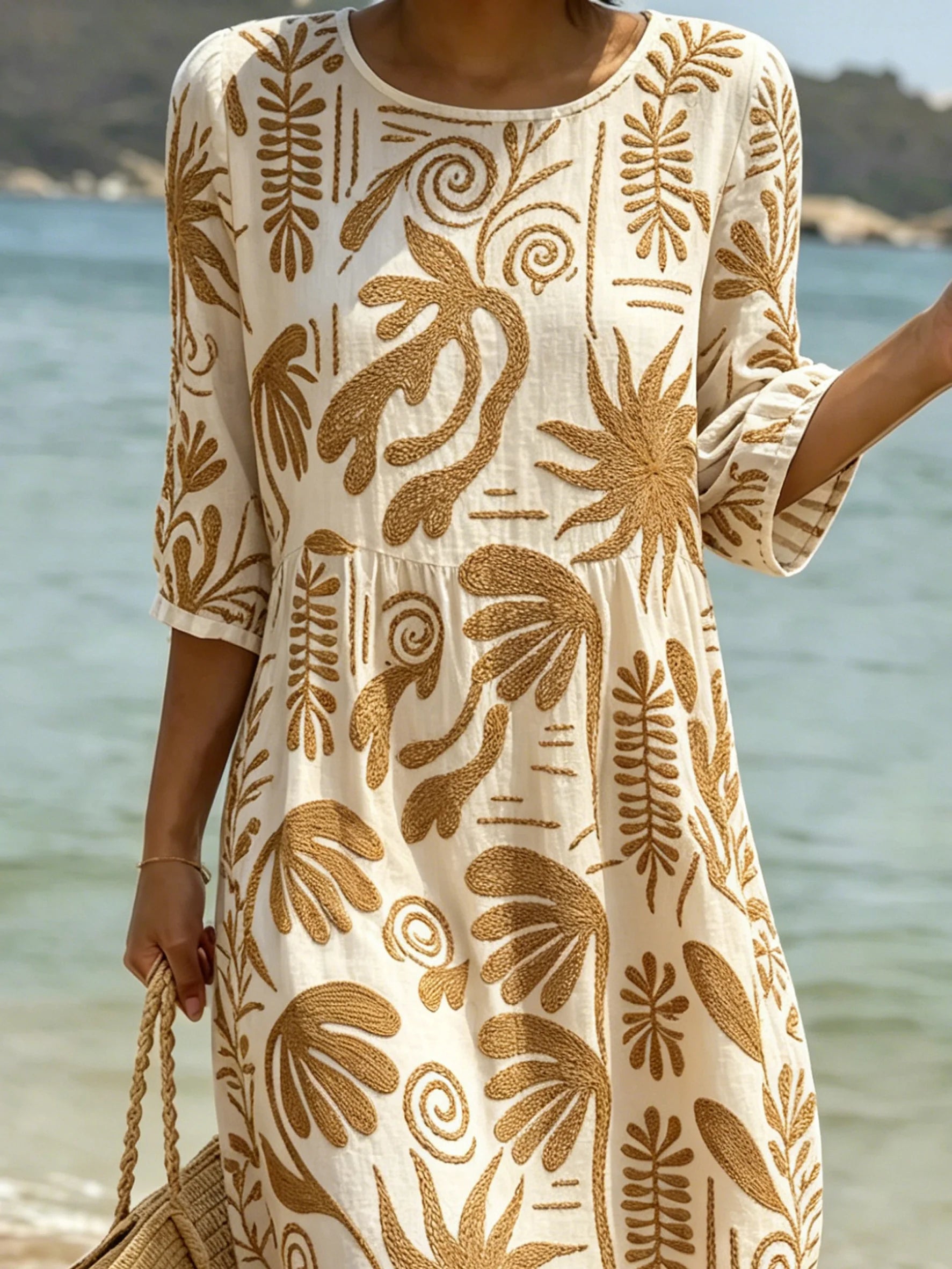 Women's As Picture 3D Printing Floral Printed Casual Crew Neck Cotton-Blend Ocean Pattern Casual Midi Dress