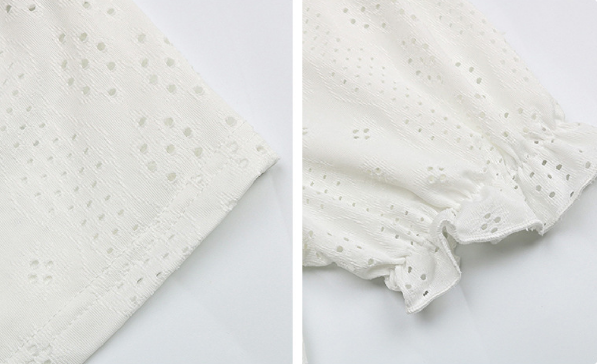 Lace Puff Short Sleeve V Neck Button Rufflr Casual Blouse