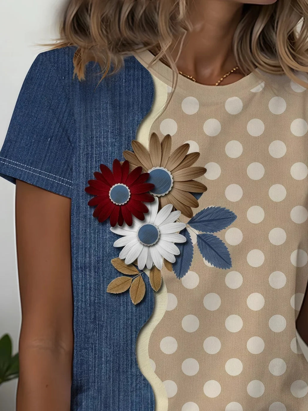 Women's Short Sleeve T-shirt Summer As Picture Faux Denim Print Graphic Printing Jersey Crew Neck Daily Going Out Casual Top