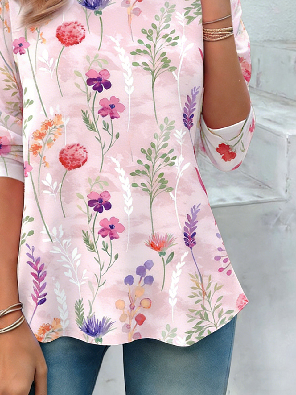 Elegant Floral Loose Crew Neck T-Shirt
