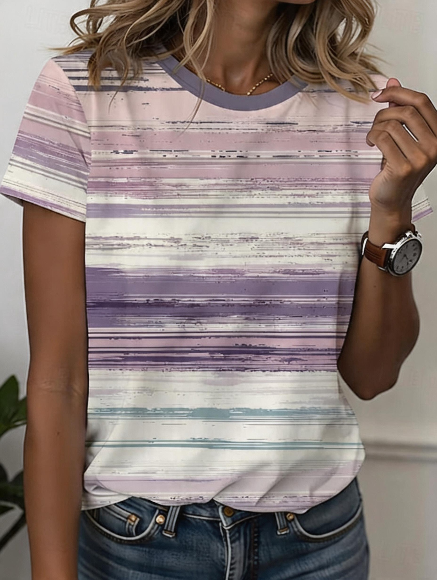 Women's Fashionable Striped Print Short-Sleeve T-Shirt