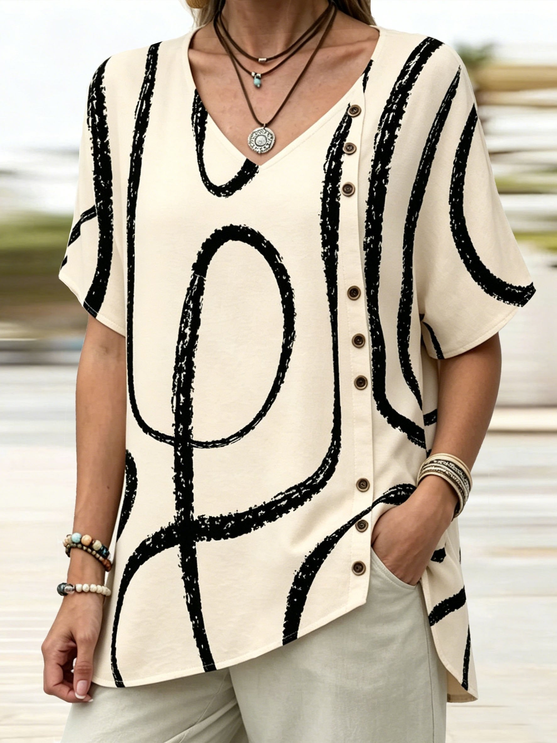 V Neck Geometric Print Top Short Sleeve Loose Casual Blouse