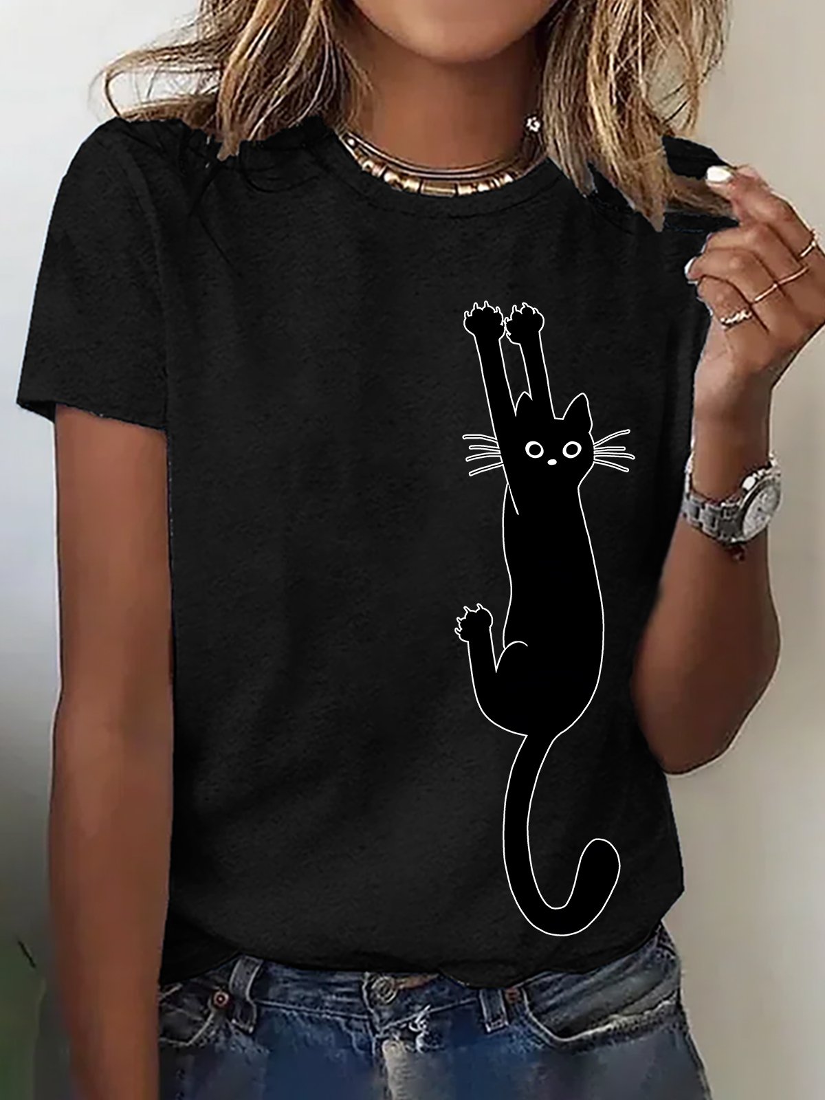 Black Cat Holding On Cotton T-shirt