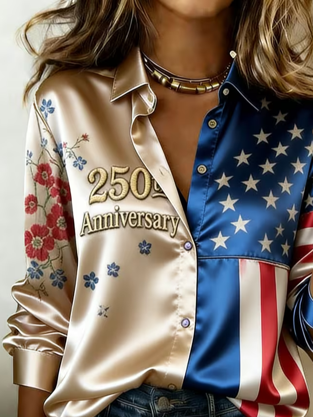 Women's USA 250th Anniversary Long Sleeve Shirt Spring/Fall As Picture America Flag Shawl Collar Daily Going Out Casual Top