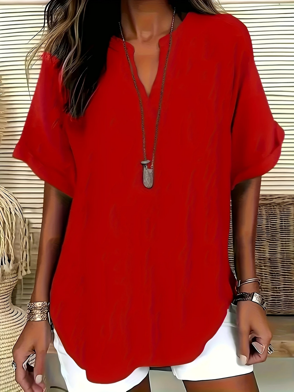 Women's V-Neck Short Sleeve Casual Shirt