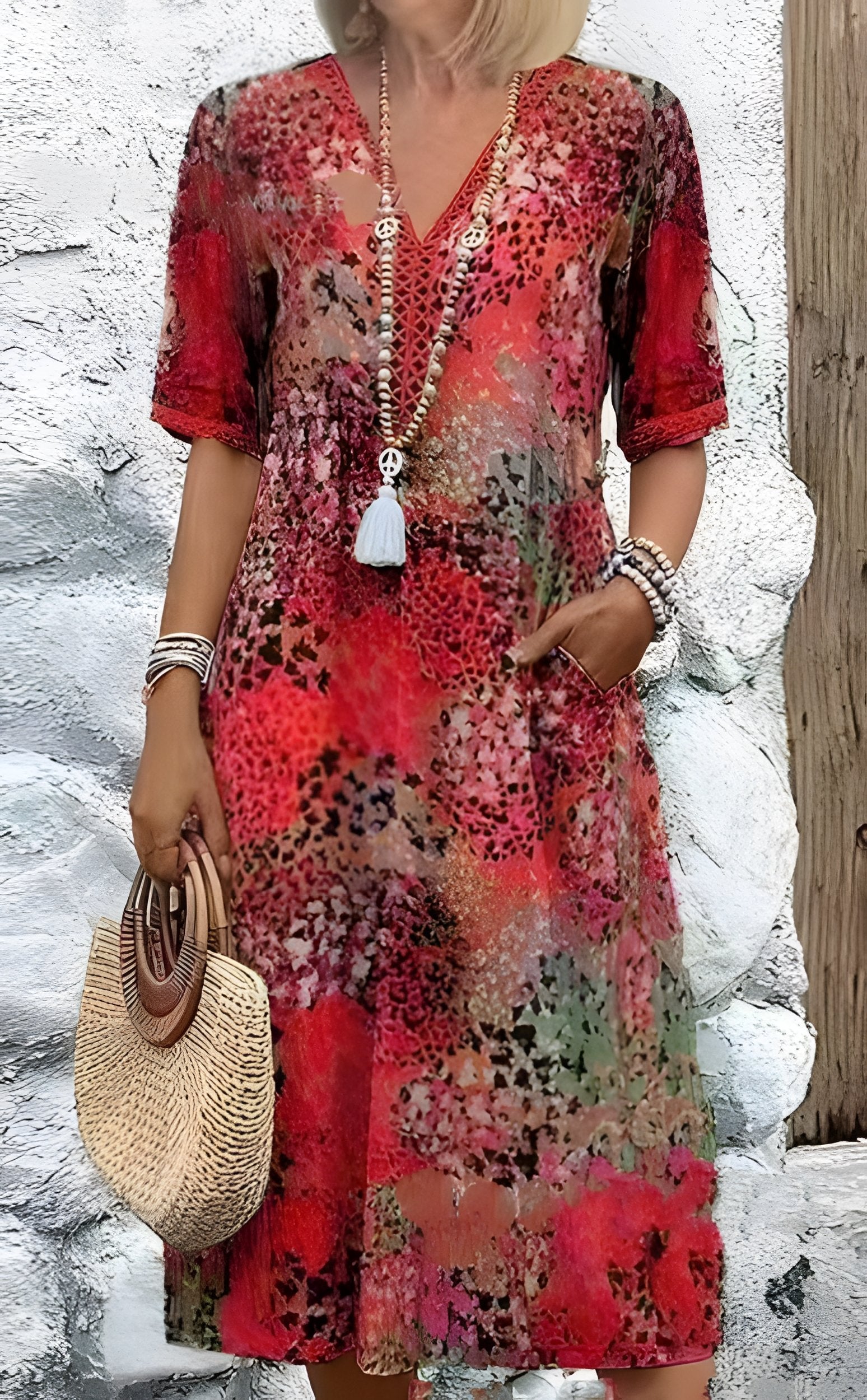 Women's Short Sleeve Summer Khaki Floral Split Joint V Neck Daily Going Out Vintage Maxi A-Line T-Shirt Dress Dress