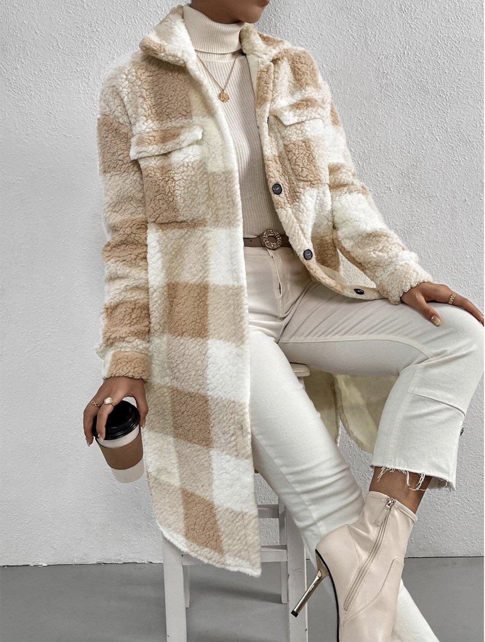 Lady Romance Buckle Coral Velvet Shawl Collar Coat