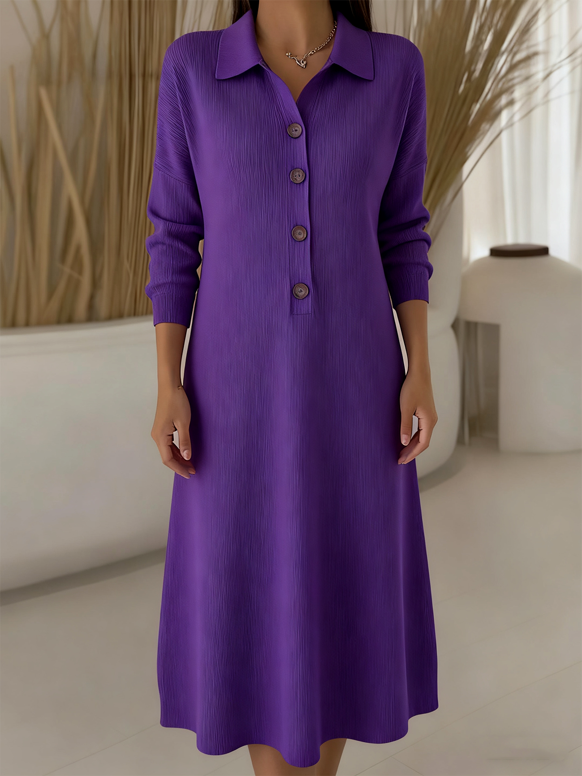 Shawl Collar Casual Plain Loose Sweater Dress With No