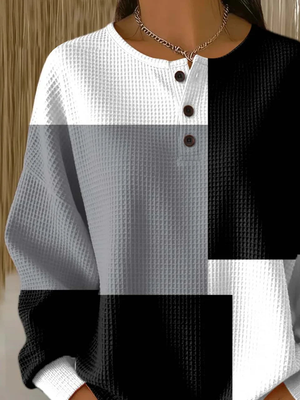 Women's Color Blocking Print Button-Up Casual Waffle Knit Sweatshirt