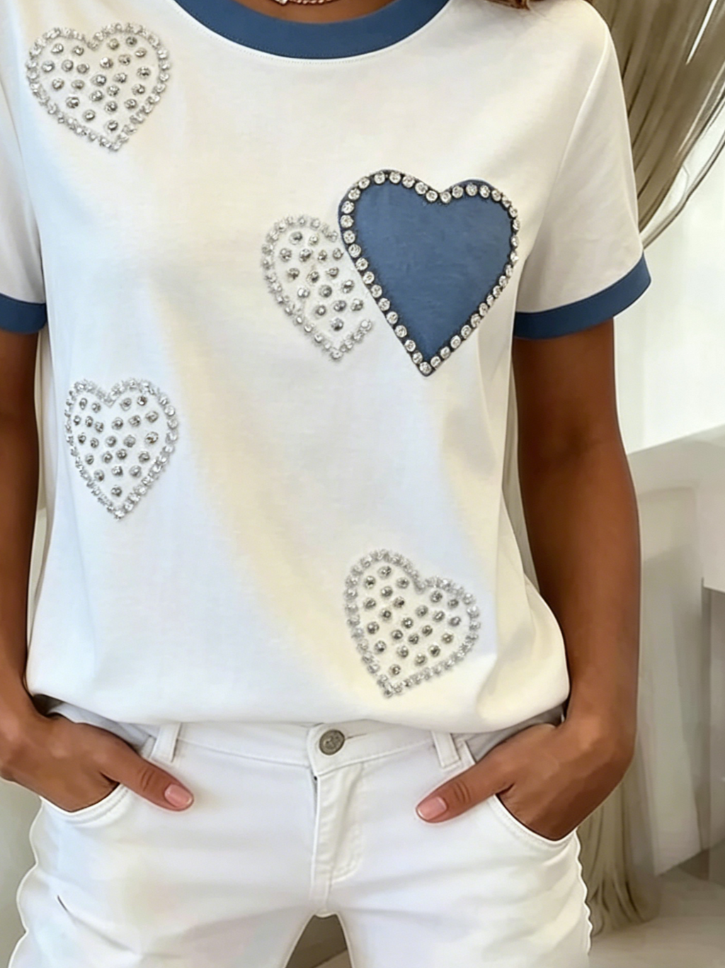 Cotton Crew Neck Casual Heart/Cordate T-Shirt