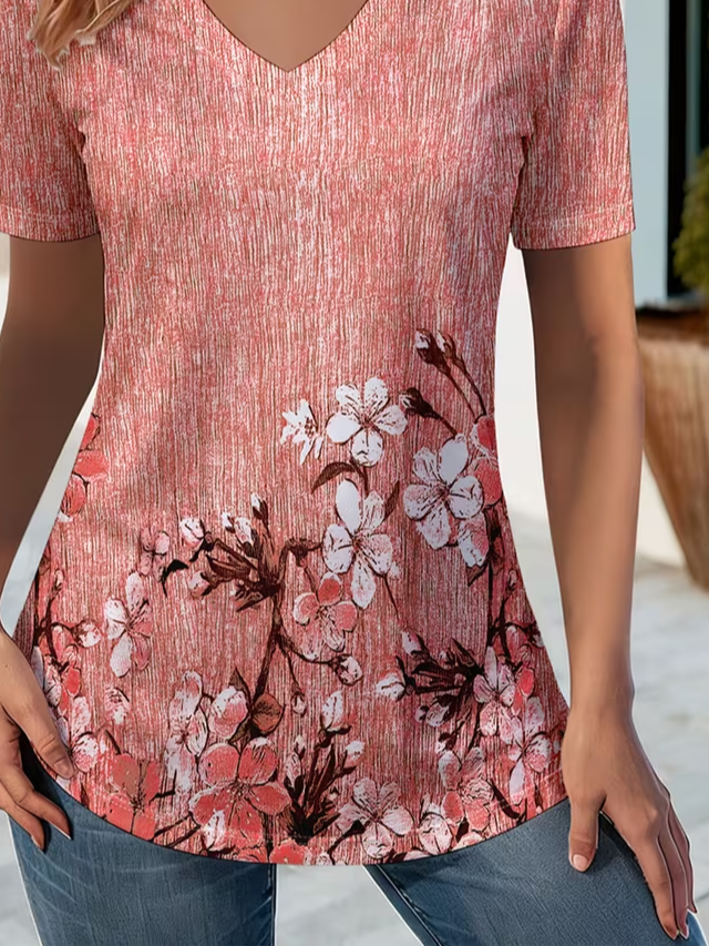 Women's Short Sleeve T-shirt Summer Pink Floral Printing V Neck Holiday Going Out Vintage Top