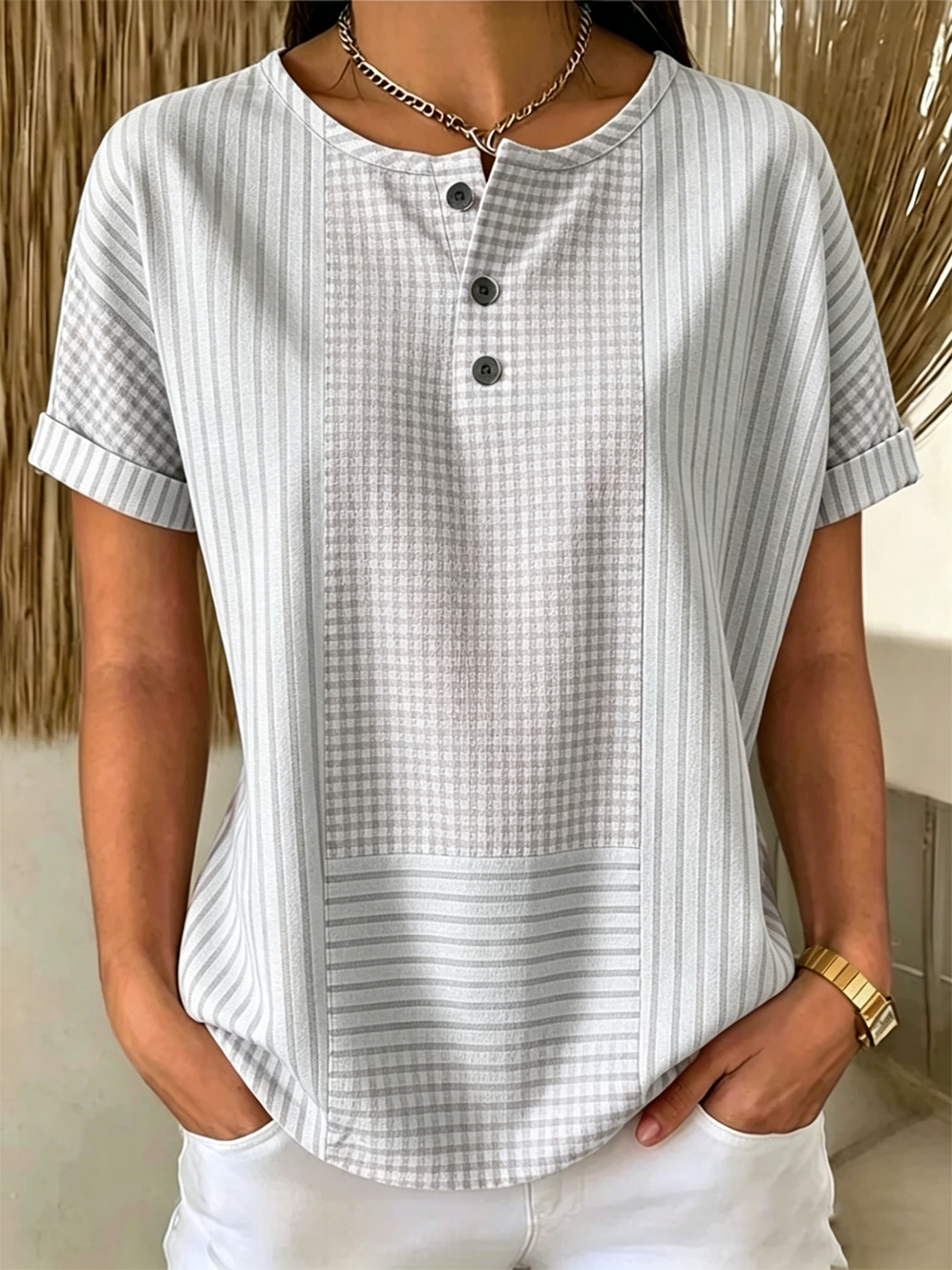 Women's Gingham & Stripe Patchwork Henley Short Sleeve Button T-Shirt