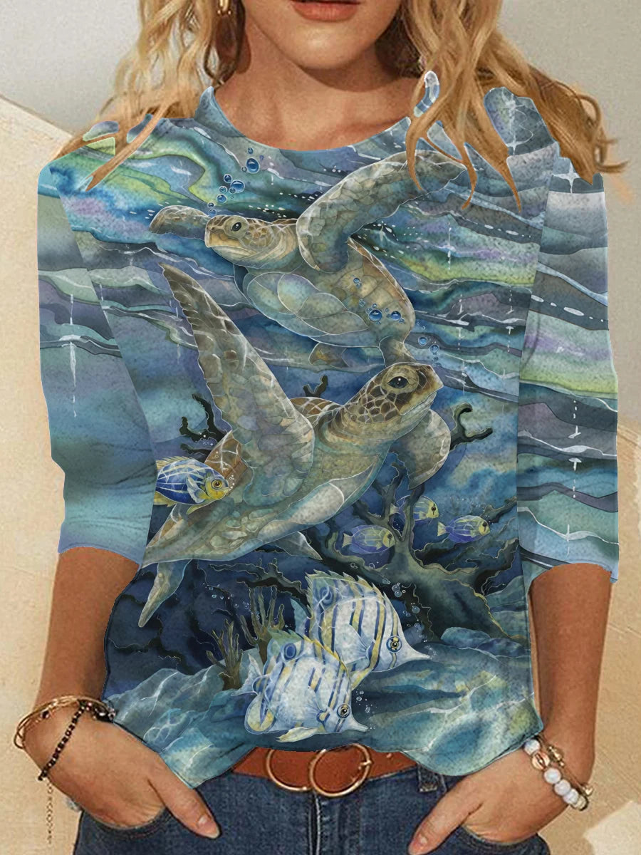 Women's Turtle Art Print Casual Long Sleeve Shirt