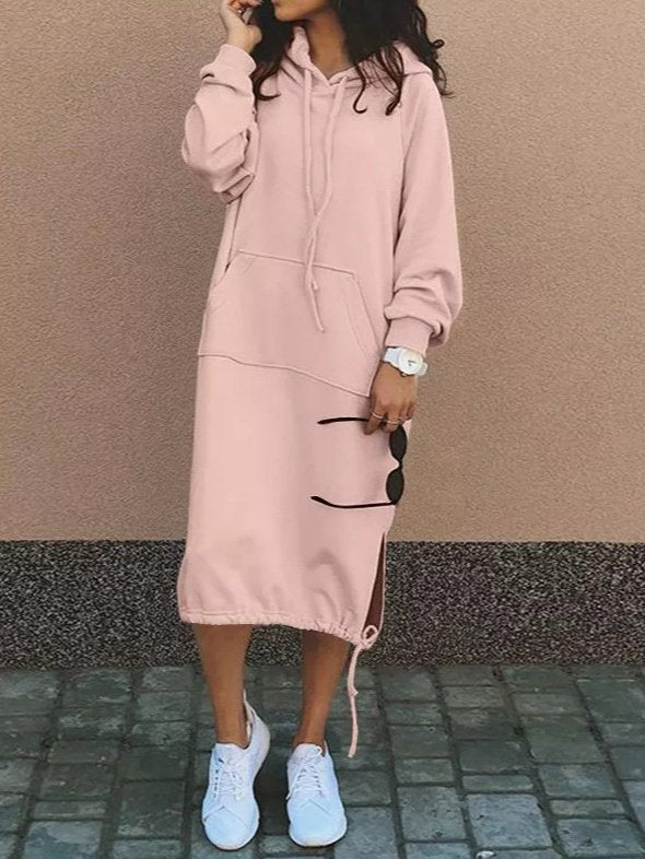 Women's Long Sleeve Spring/Fall Green Plain Split Joint Hooded Daily Going Out Vintage Maxi A-Line Hoodie Dress