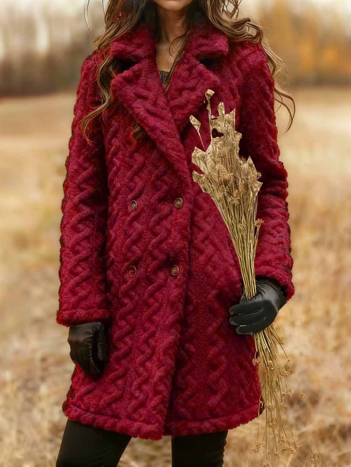 Loose Street Jacquard Coral Velvet Double-breasted Extra-thick Plush Coat