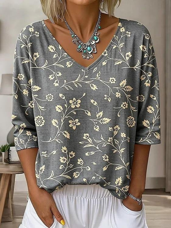 Floral V Neck Vintage T-Shirt