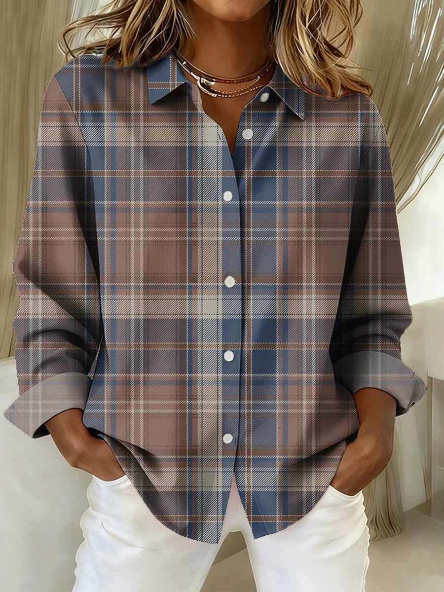 Women's Long Sleeve Shirt Spring/Fall Blue Plaid Buckle Shirt Collar Regular Sleeve Daily Going Out Casual Top