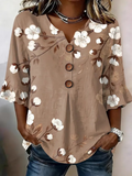Women's Half Sleeve Blouse Summer Light Brown Floral Printing V Neck Daily Going Out Vintage Top