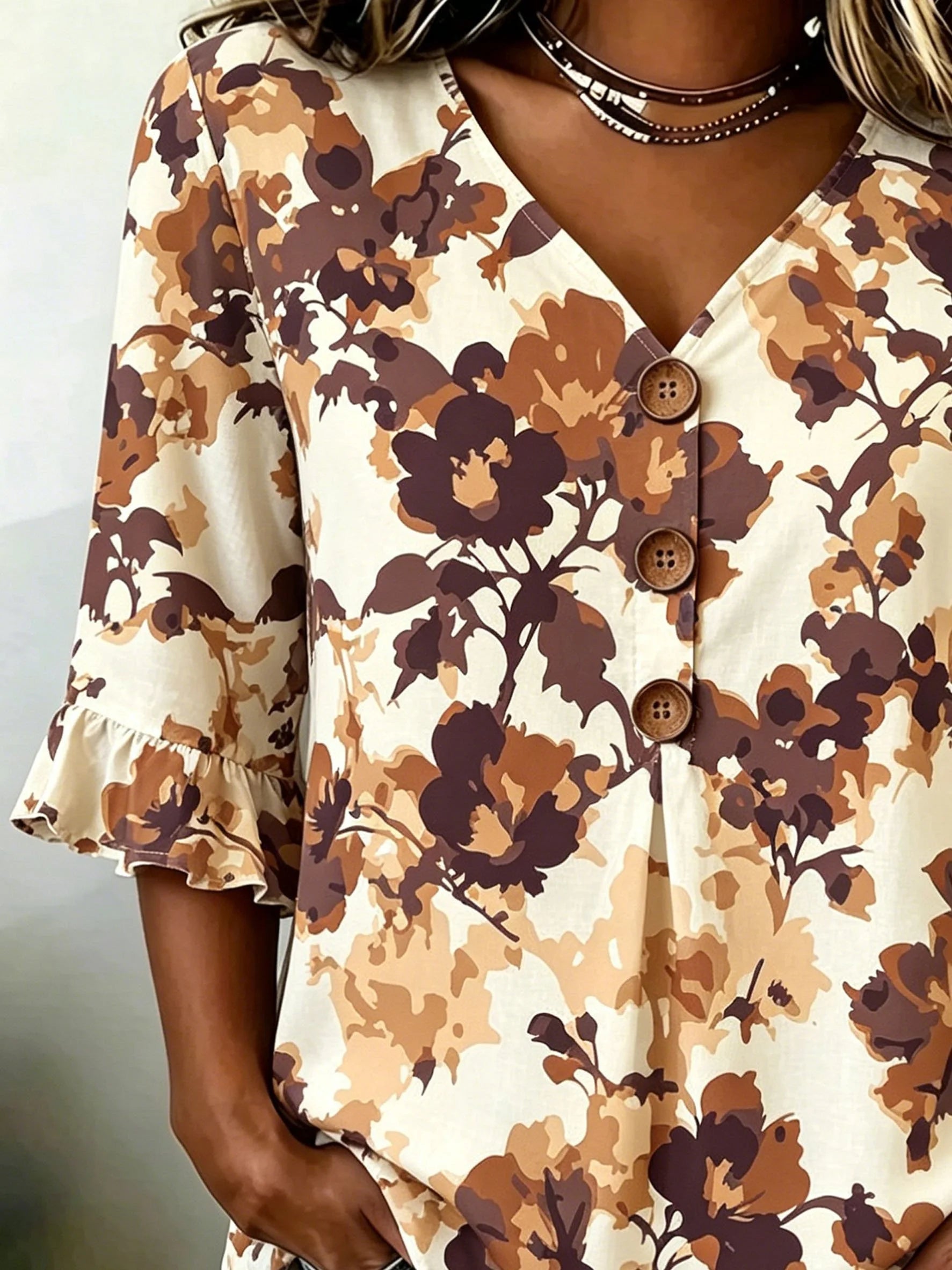 Women's Floral Half Ruffle Sleeve Blouse Summer V Neck Button Daily Going Out Vintage Top