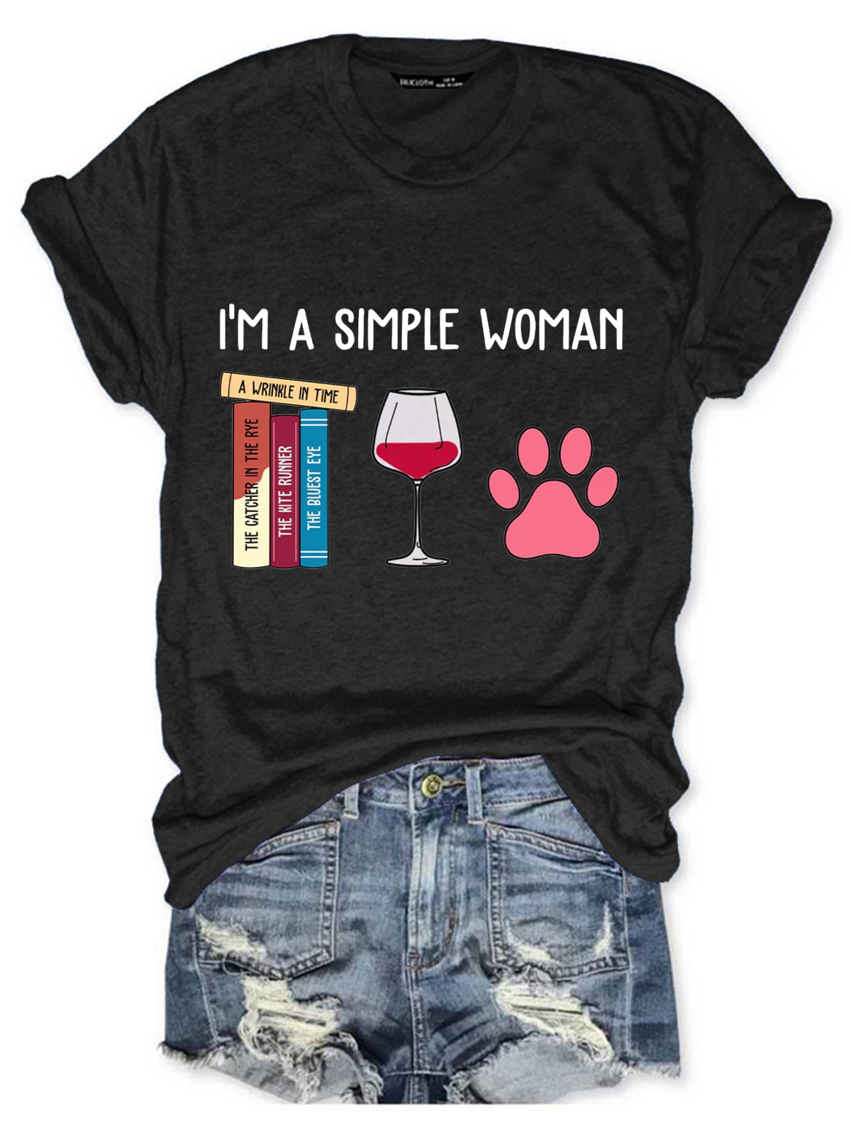 I'm A Simple Woman Book Lovers Gift Casual Crew Neck Loose Text Letters T-Shirt