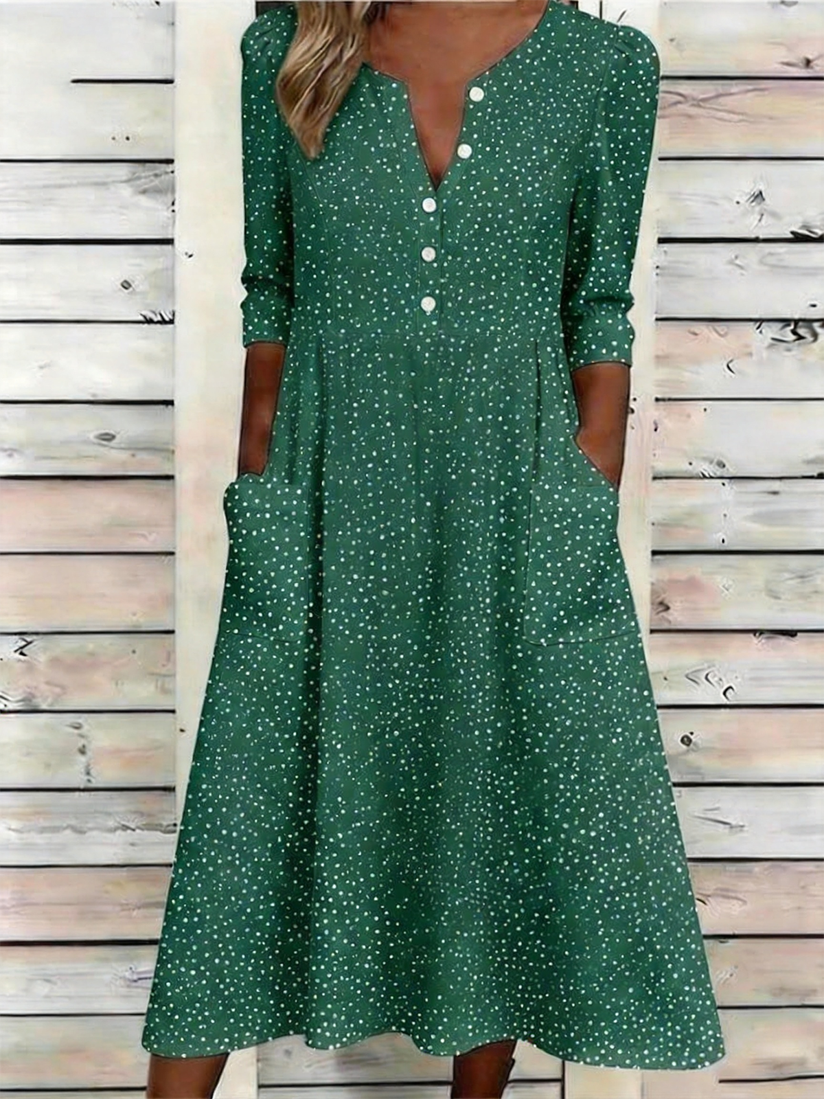 Half Open Collar Vintage Abstract Polka Dots Dress With No