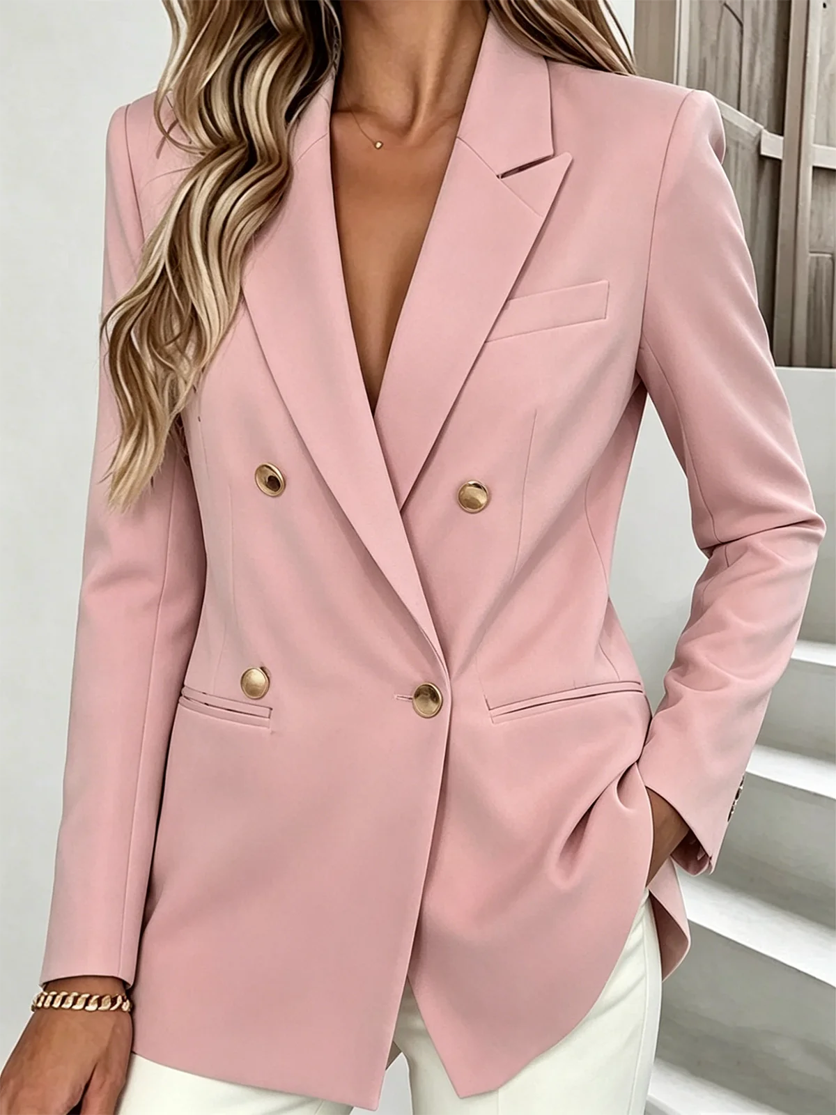 Women's Double Breasted Gold Button Blazer with Peak Lapel