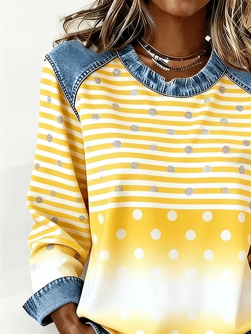 Women's Abstract Stripes Print Patchwork Denim Crewneck Long-Sleeved Sweatshirt