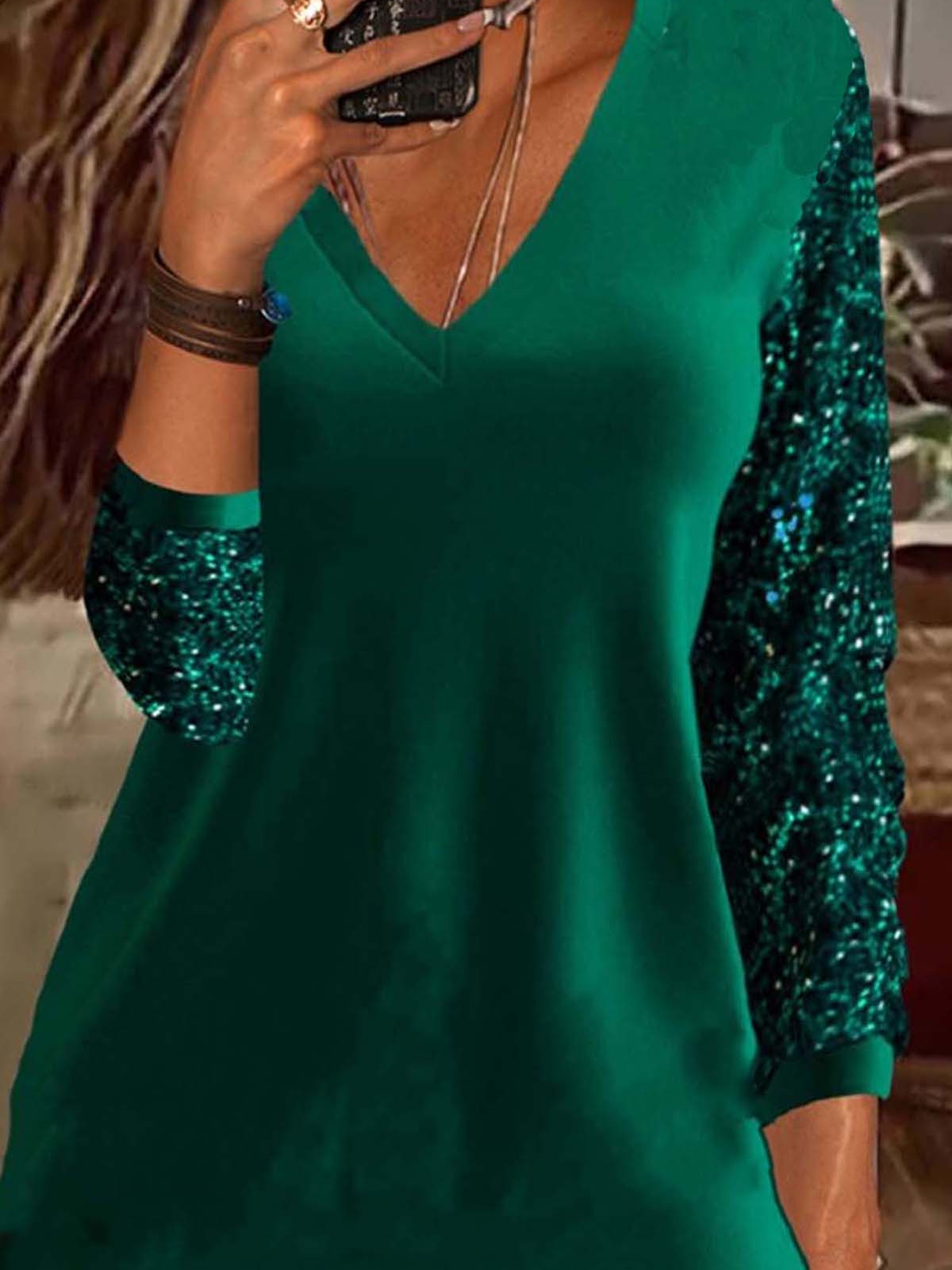 Women's Sequined Rhinestone Long Sleeve Casual Basic V-Neck Sweatshirt