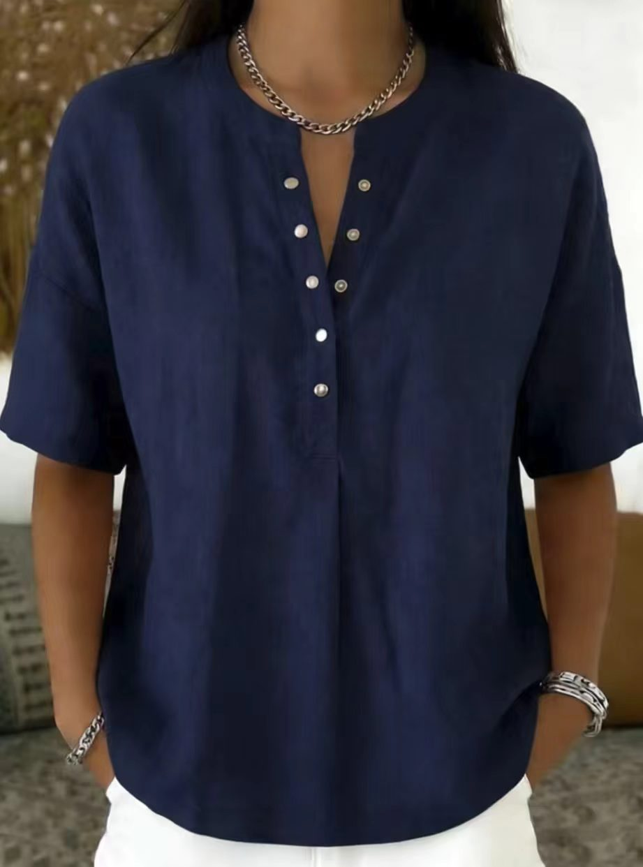 Cotton And Linen Round Neck Short Sleeve Button H-Line Daily Going Out Casual Loose Blouse
