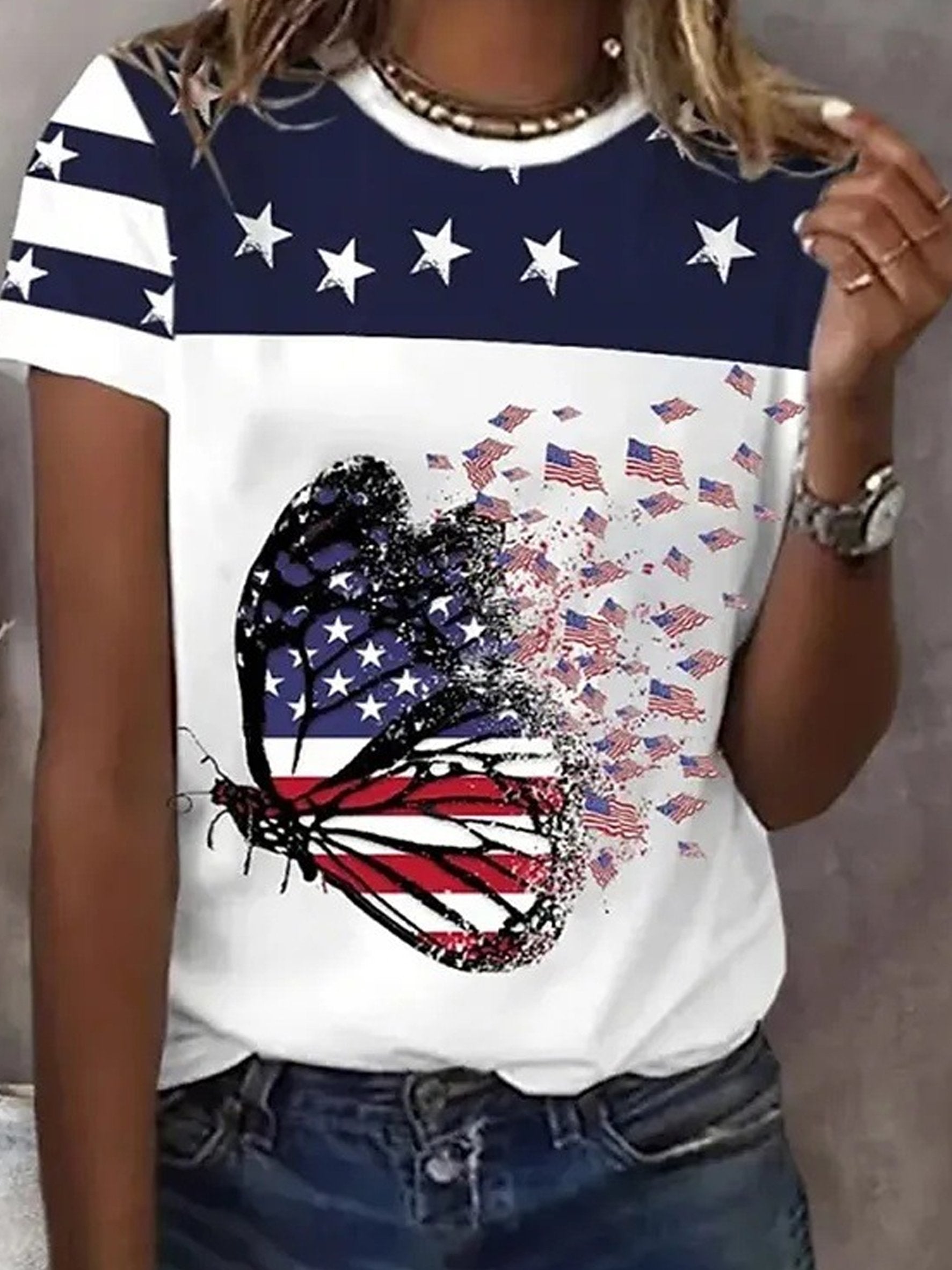 3D Printing America Flag Butterfly Crew Neck Short Sleeve T-Shirt
