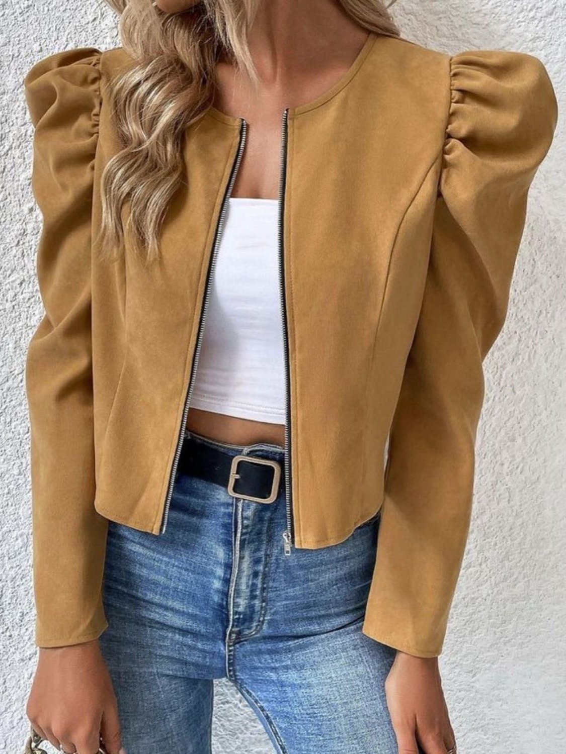 Plain Puff Sleeve Crew Neck Simple Zipper Jacket