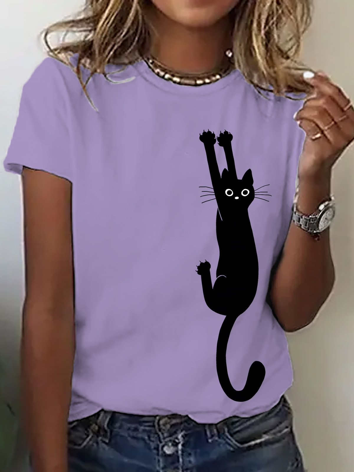 Black Cat Holding On Cotton T-shirt