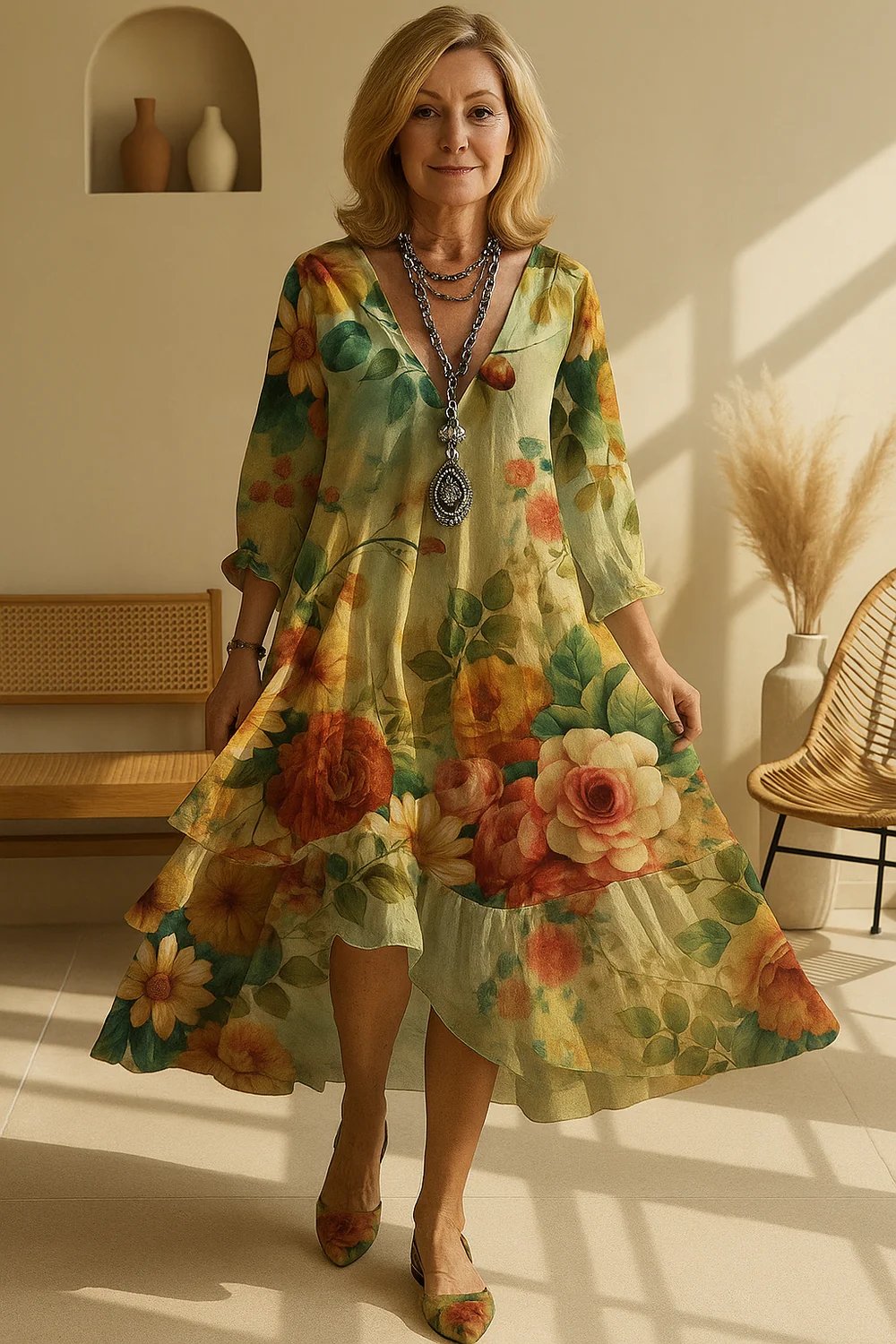 Others Vintage Floral Loose Dress With No