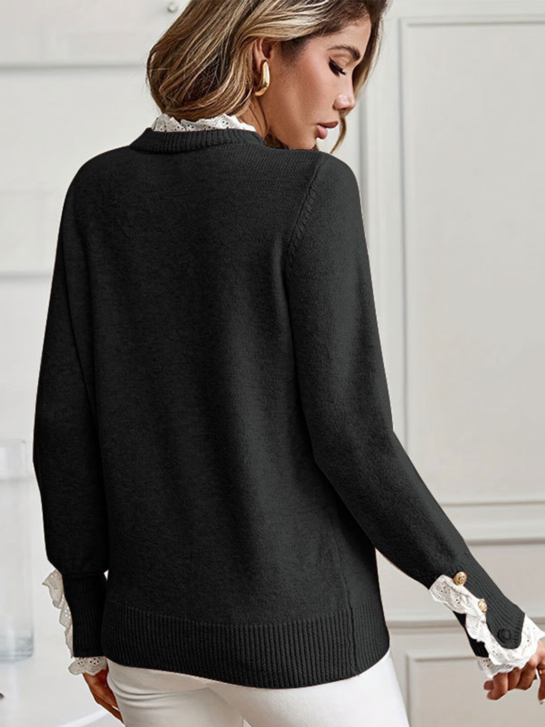 Elegant Lace Ruffle Crew Neck Knit Blouse
