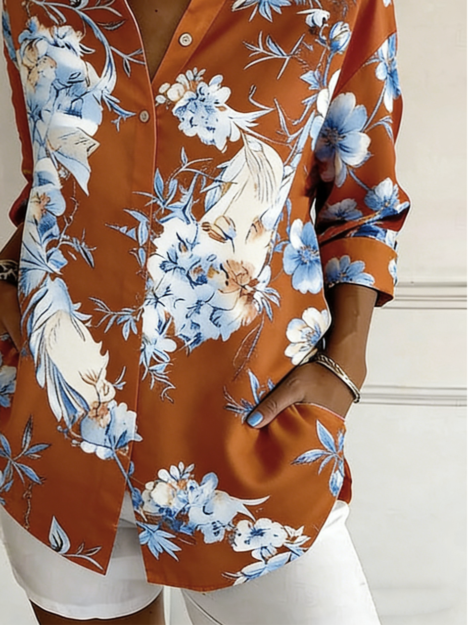 Vintage Loose Floral Shirt Collar Shirt