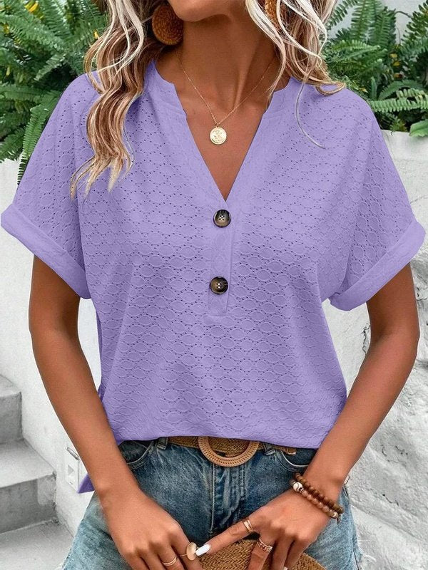 Women's Short Sleeve T-shirt Summer Yellow Plain Buckle V Neck Daily Going Out Casual Top