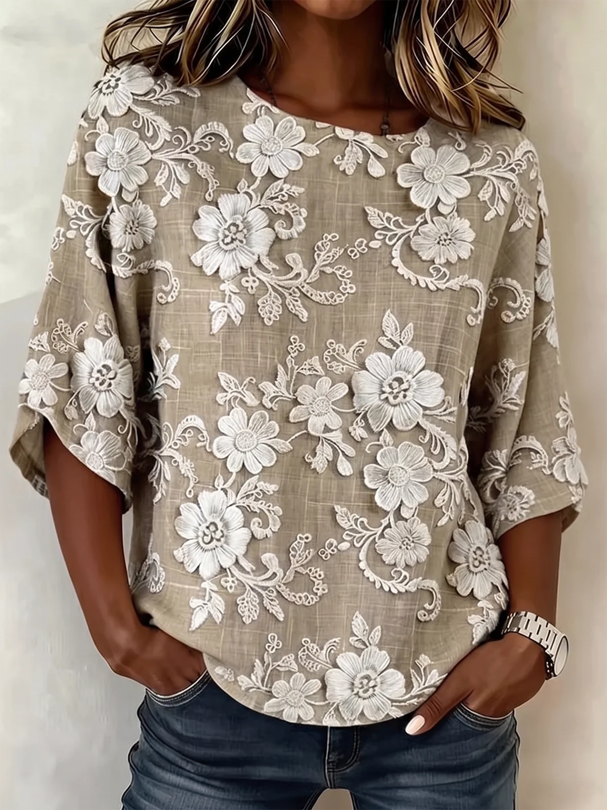 Light Brown 3D Flower Print Round Neck 3/4 Sleeve Blouse